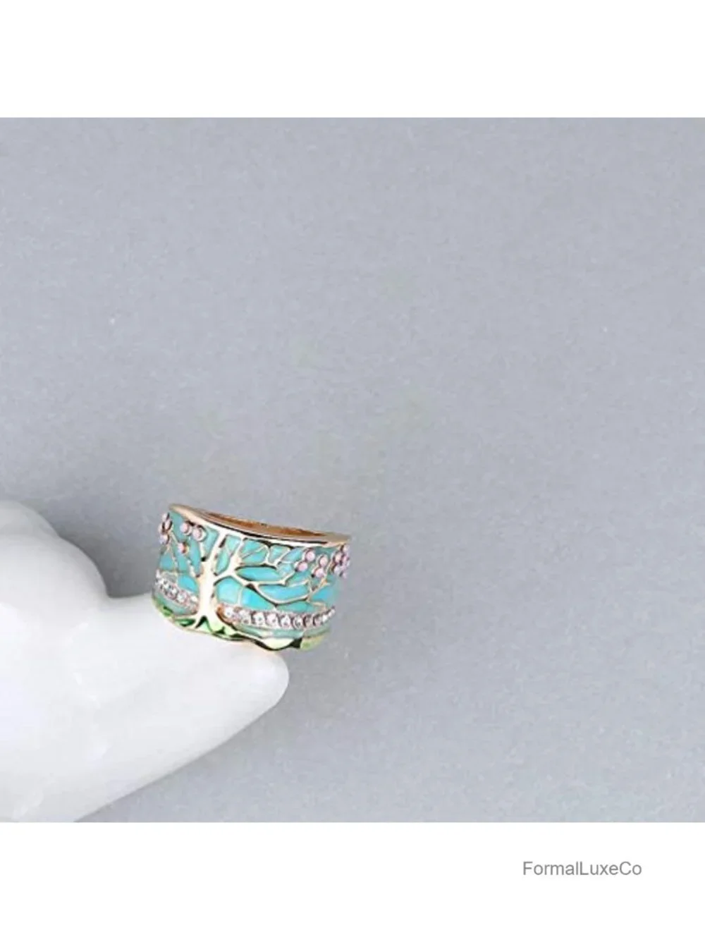 Tree of Life Ring with Pink Flower Opal Enamel Wide Band Vintage